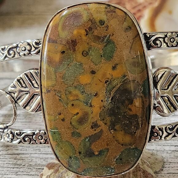 Wide Silver Cuff, Terra Harmony Earthy Color Jasper Cuff Bracelet - Picture 3 of 10